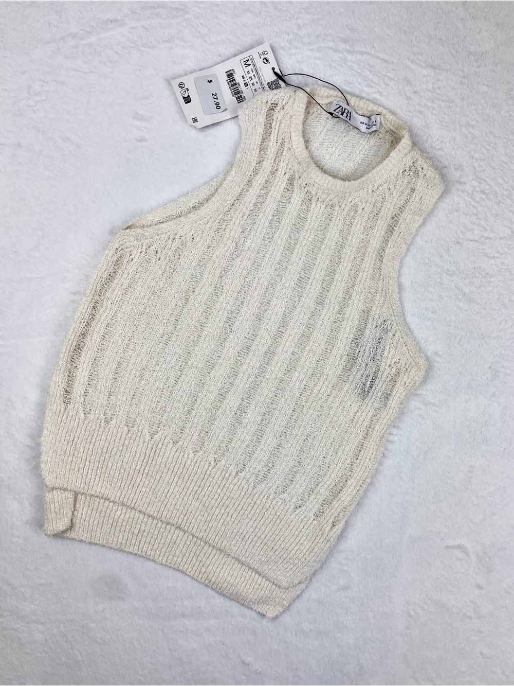 Zara Cream Sleeveless Open Knit Sweater top